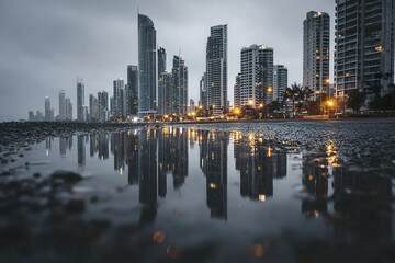 Obraz premium Urban skyline with modern skyscraper buildings reflecting on water puddle during overcast weather, city lights glowing warmly, creating moody and atmospheric urban scene