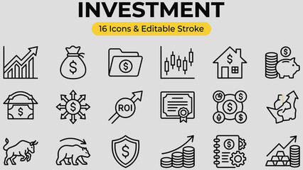 Obraz premium A collection of sixteen investment and finance related outline icons for business and economic concepts illustrating growth and financial security