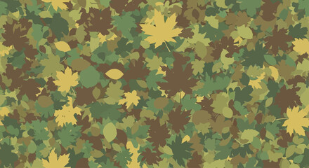 Abstract camouflage pattern composed of layered, muted green, brown, and yellow leaves © Sendal