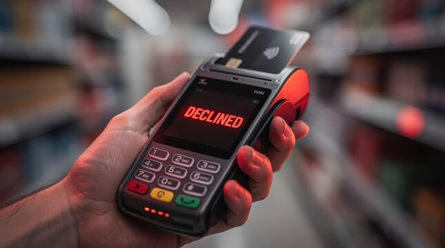 A hand holds a payment terminal showing a "DECLINED" message as a credit card is being inserted.