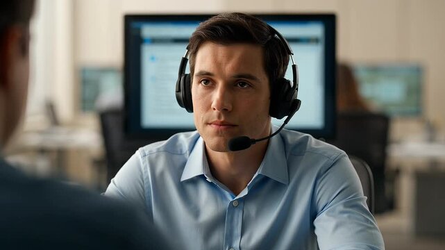 A customer service representative wearing a headset and speaking with a client in a modern office environment video