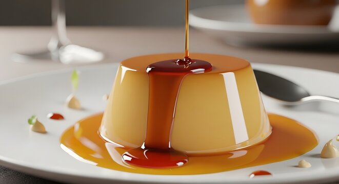 Caramel custard dessert with syrup drizzle on white plate delicious confectionery sweetness refreshing indulgence homemade restaurant meringue chocolate