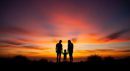 Fototapeta premium Silhouettes of two people embracing at sunset on a hilltop