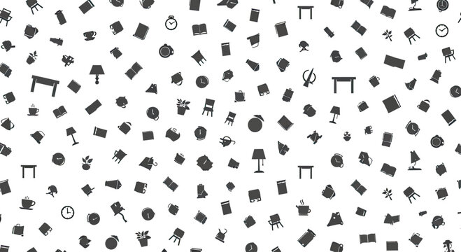 A monochrome pattern of various domestic objects scattered across a white background