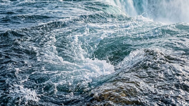 Powerful churning blue water splashing in a fast moving river current with white foam bubbles and turbulent rapids
