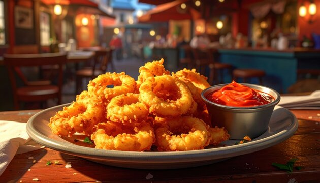 Crispy Golden Fried Calamari Rings Served with Spicy Red Aioli Dip on a Restaurant Table