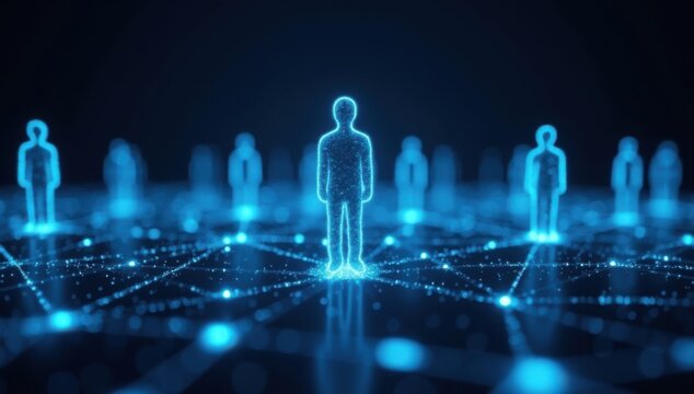 Siluetas humanas brillantes conectadas por l&iacute;neas digitales en un espacio de cuadr&iacute;cula oscuro