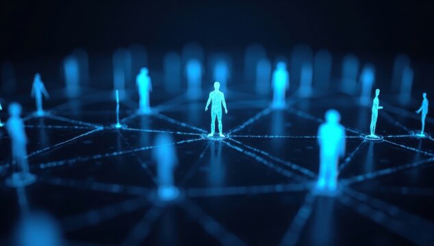 Siluetas humanas luminosas conectadas por l&iacute;neas digitales, concepto de reclutamiento y liderazgo