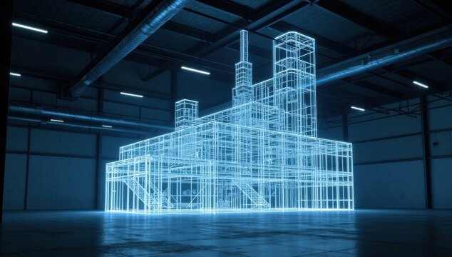 Estructura de alambre brillante se va convirtiendo gradualmente en un s&oacute;lido edificio de f&aacute;brica dentro de un almac&eacute;n vac&iacute;o