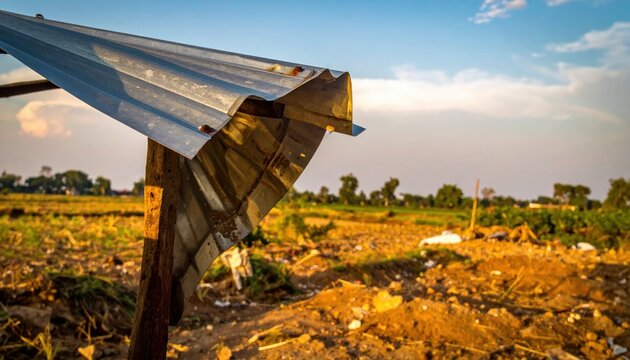Bent corrugated metal shelter with weathered texture providing meager refuge in a rural landscape under a blue sky
