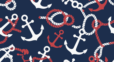 Nautical anchors and ropes pattern on navy blue background © Sendal