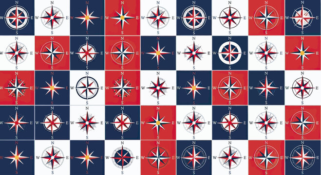 A mosaic of directional compasses in red, white, and blue squares