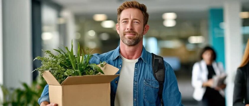 Job Loss and Uncertainty: A dejected individual, holding a box of belongings, navigates an office corridor, reflecting the anxieties of unemployment and the search for new opportunities.