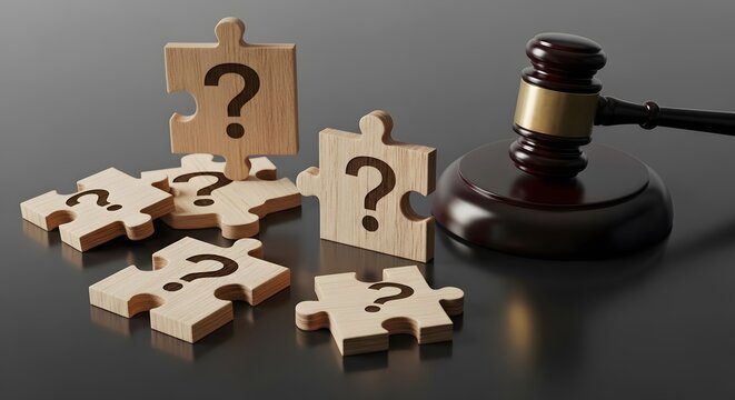 Legal uncertainty concept, wooden puzzle and gavel, symbol of unresolved legal issues, interpretation and judicial judgment