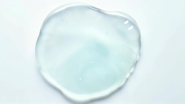 Transparent gel droplet - pale blue background. Gel substance with smooth texture. Crystal-clear macro shot, studio lighting. Cosmetics ingredient demonstration. Concept of skincare and hydration.
