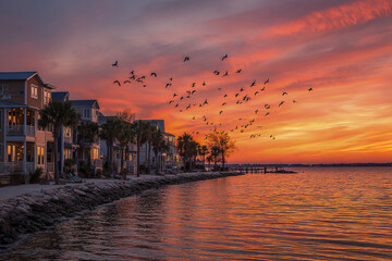 Obraz premium Waterfront vacation properties at sunset with birds gliding over calm water and colorful sky, creating peaceful and scenic coastal atmosphere