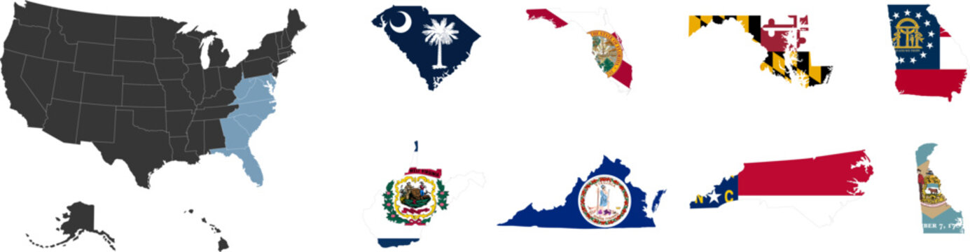 South region. South Atlantic: Delaware, Florida, Georgia, Maryland, North Carolina, South Carolina, Virginia, West Virginia. States of America territory. Separate states.