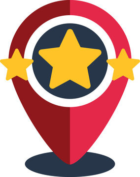 Red map marker with golden stars representing premium location, quality, and high rating