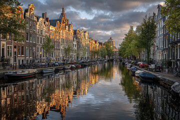 Fototapeta premium Amsterdam canal reflection sunset with classic narrow buildings and boats along waterway, peaceful urban scene with cloudy sky and tree lined streets in city