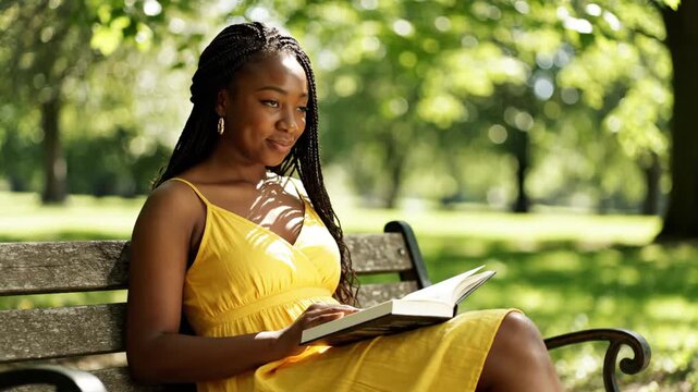 Woman reading book outdoors in sunlight with green trees background