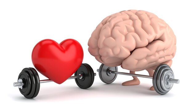A cartoon brain, lifting weights, with a heart