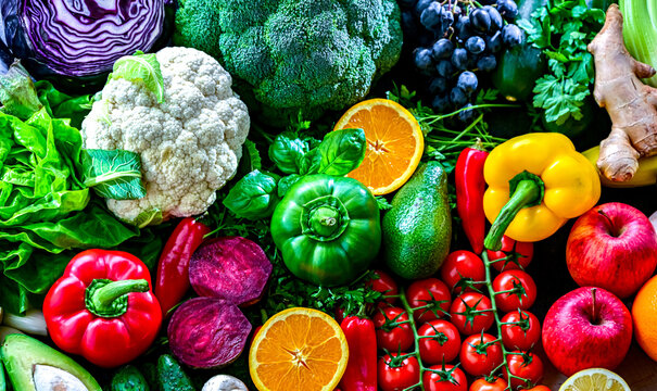 Fresh raw vegetables and fruits. Ingredients of vegan diet