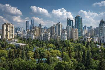 Fototapeta premium City skyline with modern high rise buildings and lush green trees under bright blue sky with fluffy clouds, creating vibrant and peaceful urban landscape