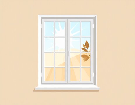 A white double-hung window with a desert landscape view.  Sunlight streams through the panes, illuminating a beige desert scene with a small brown branch on the right side of the window