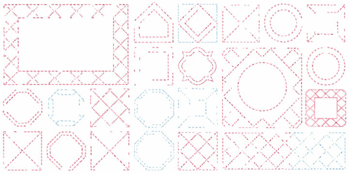 Assorted geometric shapes outlined in dotted red and blue patterns
