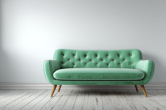 Green sofa tufted couch wooden floor empty wall living room modern furniture interior design minimal style comfortable seat home decor