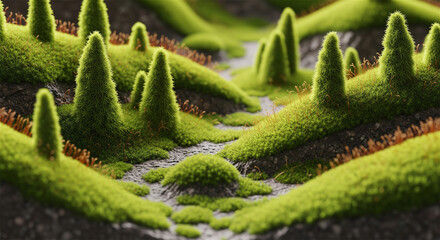 Fototapeta premium Whimsical miniature landscape with mossy hills and winding water channels, evoking a fantasy world.