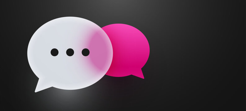 3D render of glossy speech bubbles on a dark background, representing communication and social media. Vector illustration