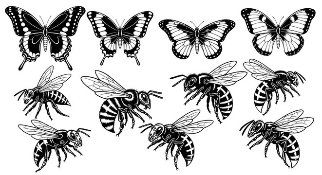Detailed Decorative Butterfly and Wasp Vector Art