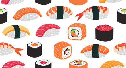 A seamless pattern of various colorful sushi and rolls on a white background © Sendal
