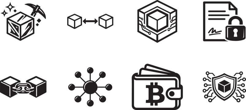 Blockchain line icon set with crypto, decentralization, security, and digital chain vector.