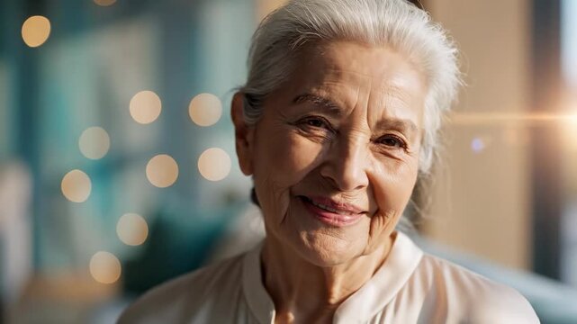 Portrait of a happy senior woman smiling with contentment during retirement at home.