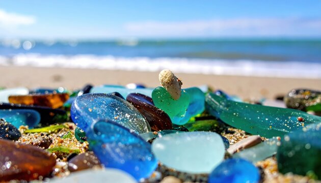 Muted Sea Glass Shards Smoothed by Tides Scattered on a Sandy Beach With Ocean Horizon