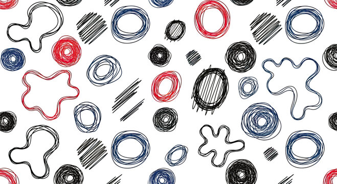 Abstract pattern with scribbled circles and amoeba-like shapes in red, blue, and black
