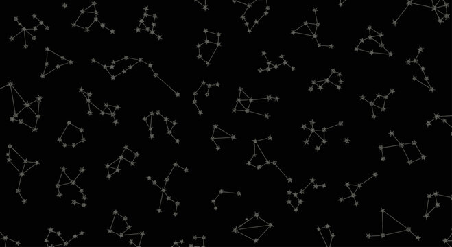 Black background scattered with minimalist constellations and star patterns