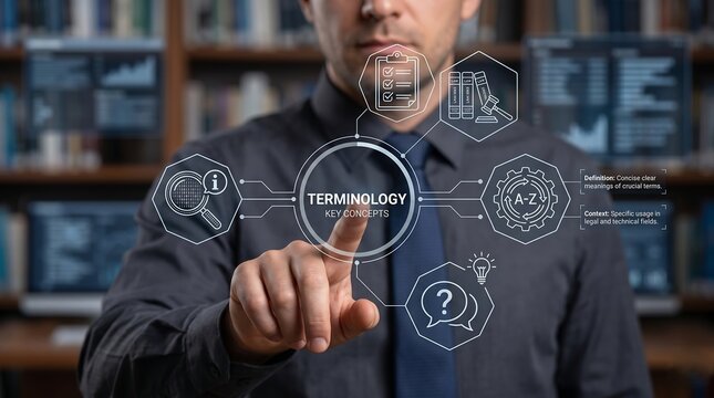 Business person using virtual touch screen push the text: TERMINOLOGY. Concept of terminology. Terms in finance, business, education and accounting. Glossary,  nomenclature, term, glossary, vocabulary