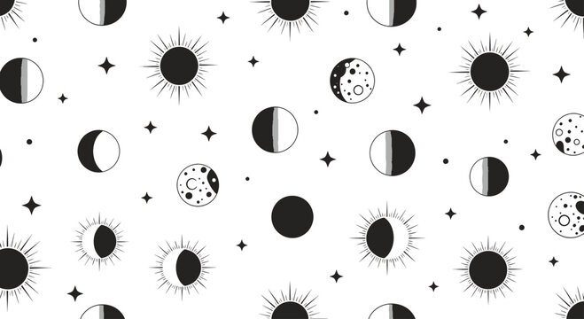 Minimalist celestial pattern with moons, suns, and stars