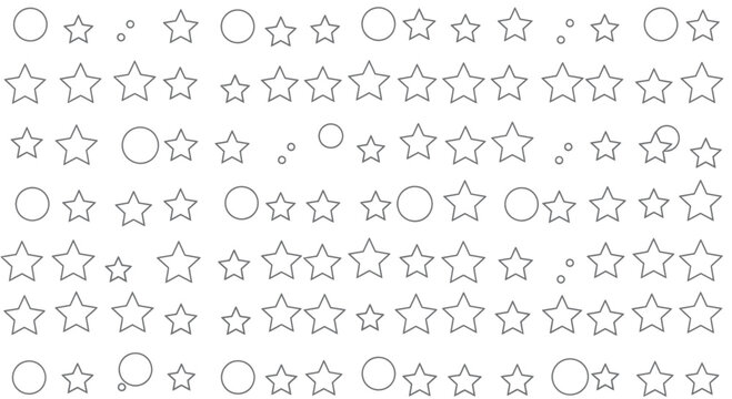 A repeating pattern of outlined stars and circles of various sizes on a white background
