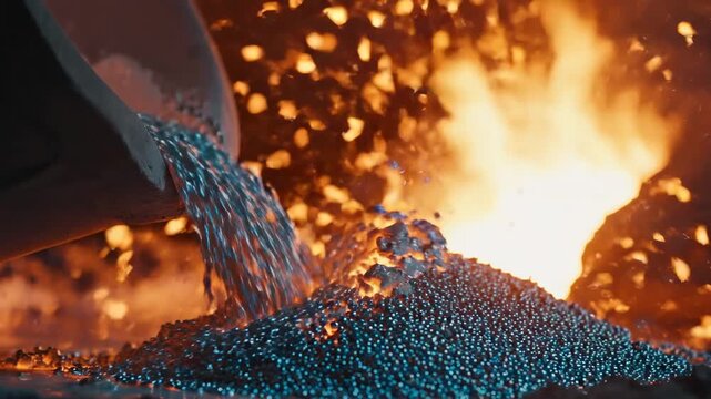 Molten metal pouring from a crucible in a heavy industrial foundry casting process.