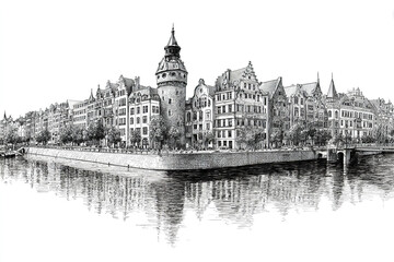Fototapeta premium Historic European cityscape with detailed old buildings and tall tower reflected in calm river water, captured in black and white sketch style with intricate architectural elements