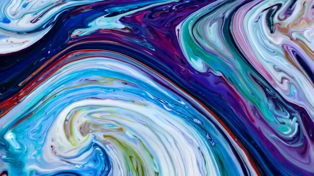 Vivid abstract liquid waves of blue, purple, and white create swirling marbled texture, close-up focus, concept of artistic fluidity and creative inspiration