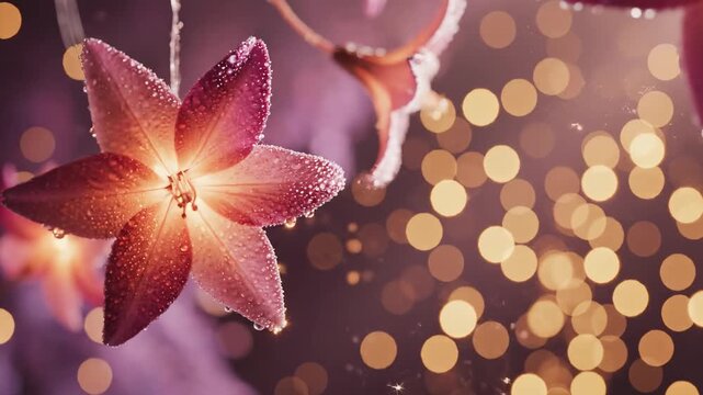 Festive string lights shaped like flowers and stars glowing against a warm bokeh background.