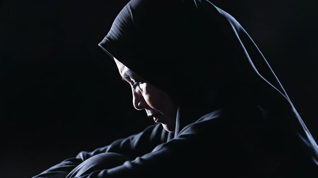 Senior Muslim Woman in Black Hijab Looking Down in Sorrow Against a Black Background