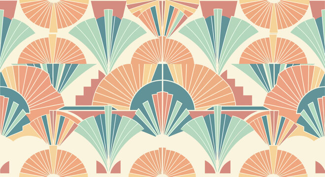 Geometric fan pattern in pastel orange, teal, cream, and blush tones