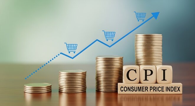 Stacks of coins represent rising consumer price index with shopping carts