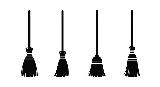 Four black witch brooms stand upright against a plain white background silhouette